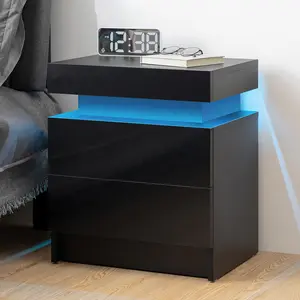 HOMMPA LED Nightstand Black Night Stand with Led Lights Modern Nightstand with 2 High Gloss Drawers, Bedside Table Smart Bed Table for Bedroom 20.5” Tall