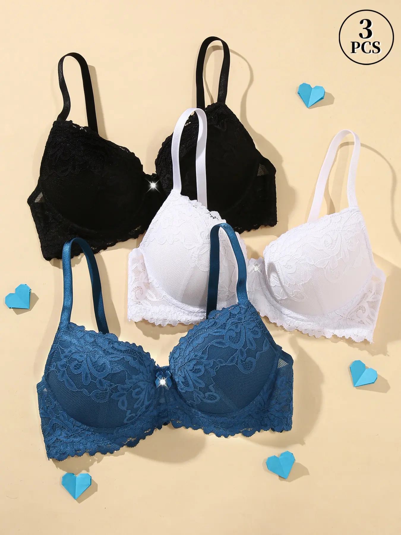 3PCS Floral Lace Underwire Push-Up Bra Set - Lace Bras, Underwear, Lingerie, Anti-Sag, Adjustable Straps, Bow & Rhinestone Embellished, Comfort Breathable, Elegant | Valentine's Day, Bridal, Everyday Wear