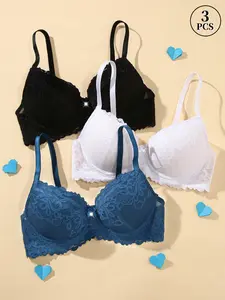 3PCS Floral Lace Underwire Push-Up Bra Set - Anti-Sag, Adjustable Straps, Bow & Rhinestone Embellished, Comfort Breathable, Elegant | Valentine's Day, Bridal, Everyday Wear