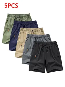Men's Casual Gym Shorts 5 Pack, Quick-Dry Breathable Fabric, Comfortable Polyester Blend, Mild Elasticity, Plain Design, Pocketed, Side Pocket Shorts, Regular Fit, Breathable Fitness Shorts, Side Pockets Shorts, Summer Sports Shorts, Workout Shorts