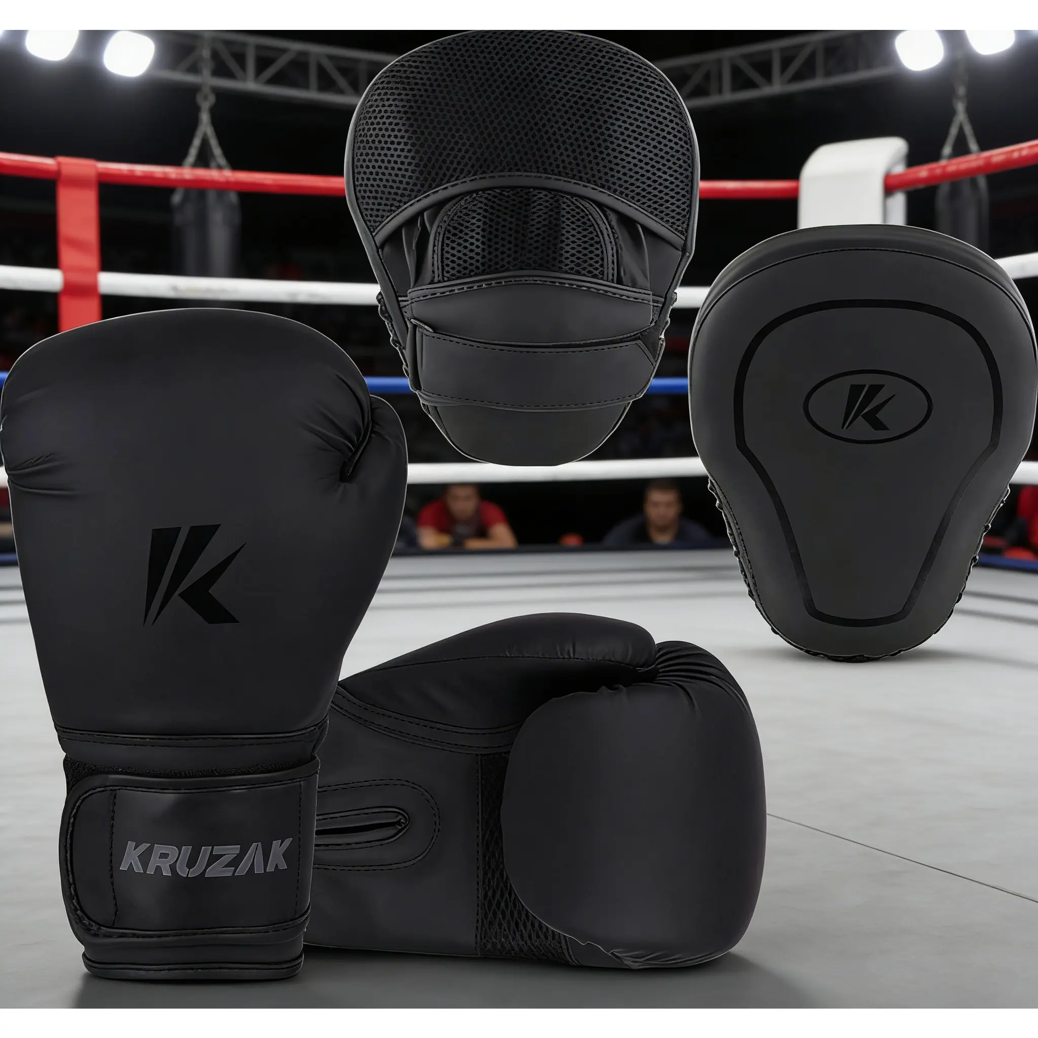 Matte Black Boxing Gloves and Pads Training Set Adults Kickboxing Muay Thai MMA Training Gear with Punching Pads for Martial Arts Karate