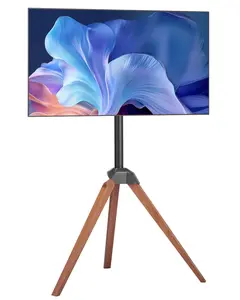 Tripod TV Stand Easel For 40-65 Inch Flat And Curved Televisions Up To 99 Lbs, 18° Left-Right Rotating Portable TV Stand With Oak Wood Legs, Ideal For Bedroom, Living Room, Studio, Max VESA 600x400 Millimeters, Cable Management