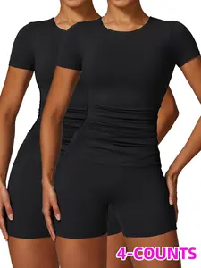 Two-Piece Set Women's Solid Round Neck Tee & High Waist Biker Shorts Athletic Tracksuit Set, Casual Short Sleeve T-shirt & Skinny Shorts, Ladies Sportswear Yoga Outfit Set for Indoor Outdoor Wear