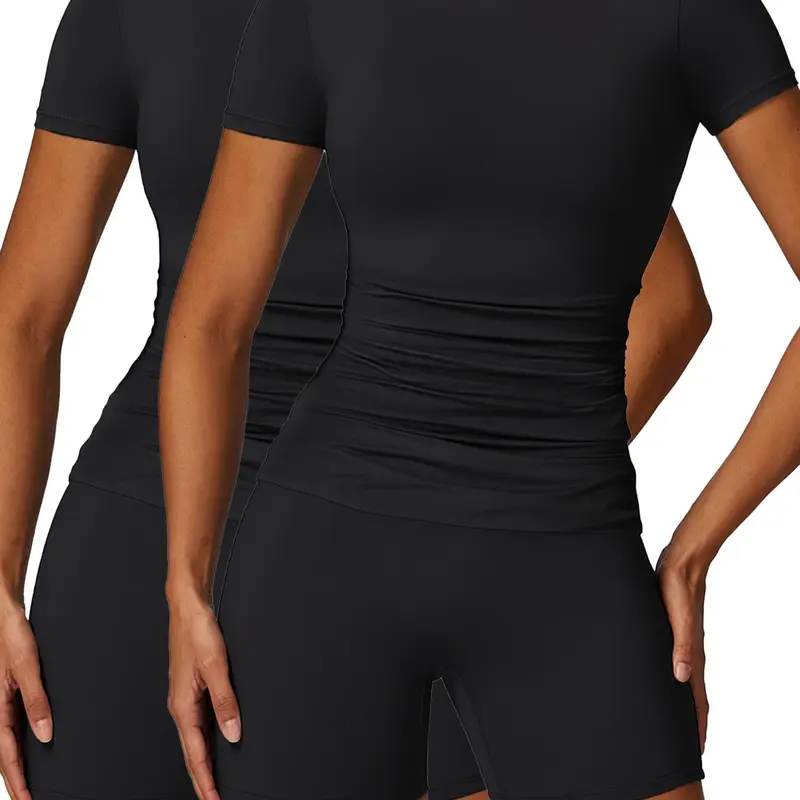 Two-Piece Set Women's Solid Round Neck Tee & High Waist Biker Shorts Athletic Tracksuit Set, Casual Short Sleeve T-shirt & Skinny Shorts, High Stretch Activewear, Ladies Sportswear Yoga Outfit Set for Indoor Outdoor Wear Athletic Workout Set