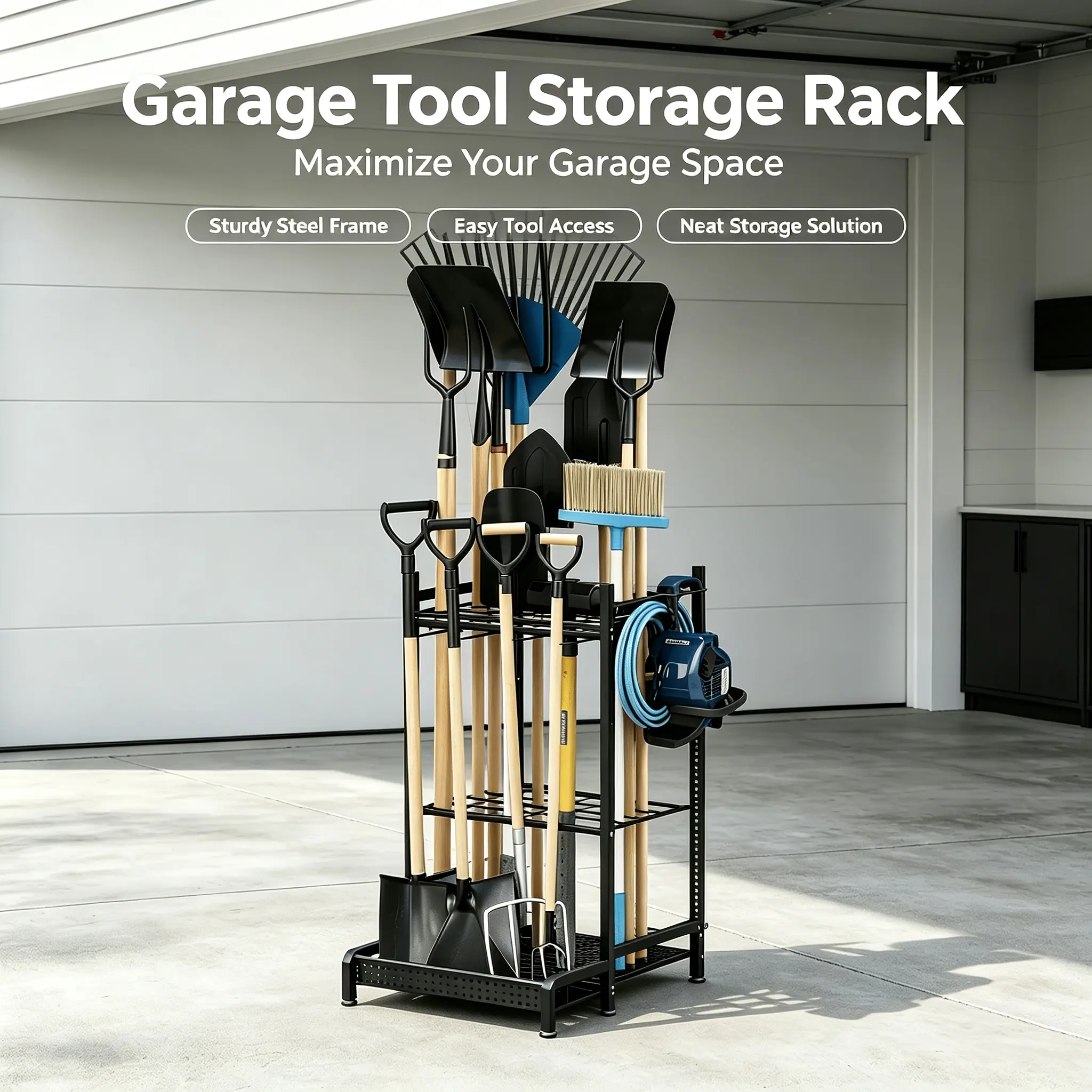Metal Garden Tool Organizer For Garage Utility Storage Racks With Hooks Sturdy Heavy Rack For Long-Handled Broom Shovel Rake Black