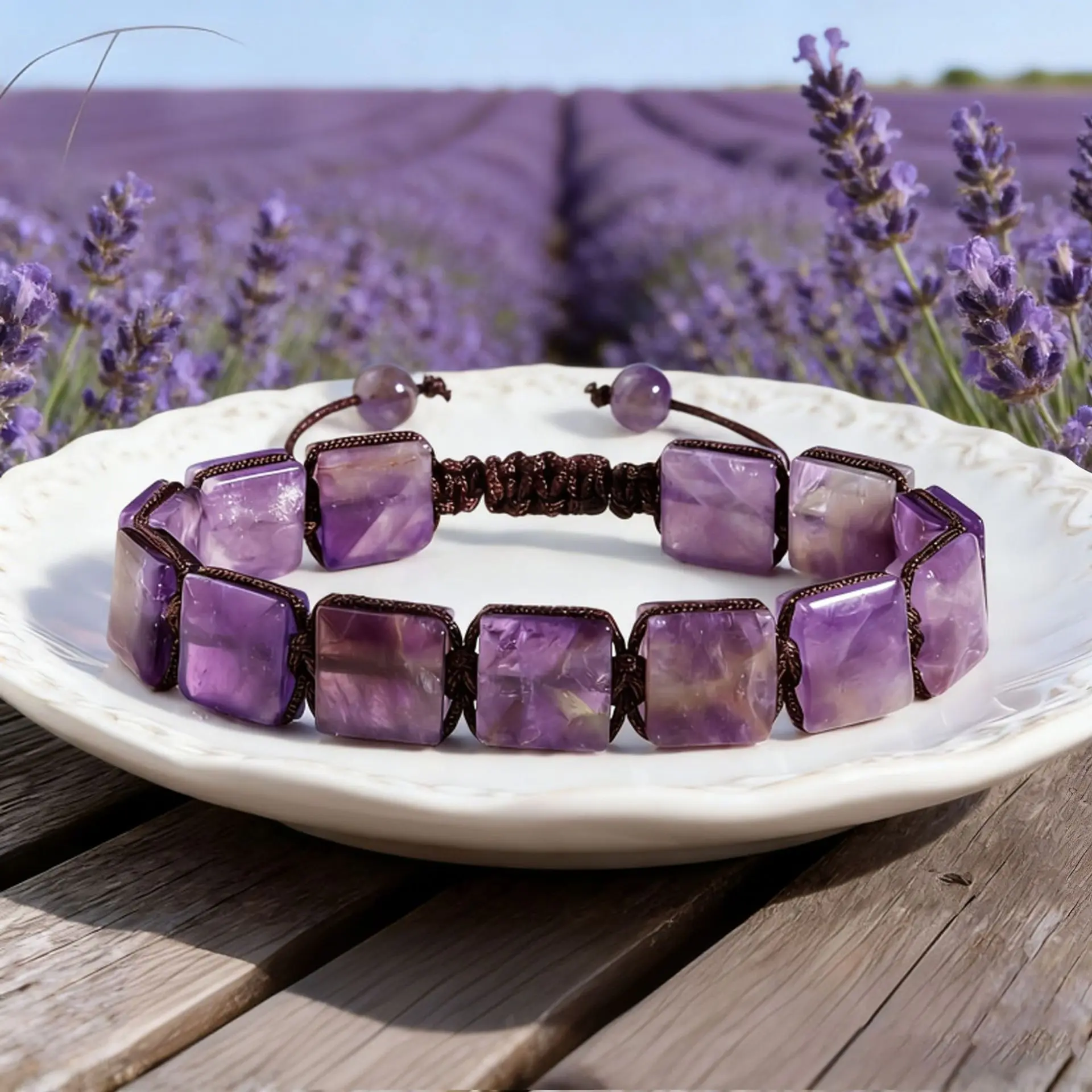 Square Cut Gemstone Bracelet with Adjustable Rope, Trendy Boho Stackable Jewelry for Daily Wear