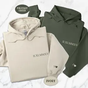 Custom Roman Numeral Date printed Sweatshirt, Matching Couples Valentines Day Gift, Personalized Anniversary Date Hoodie With Initials On Sleeve