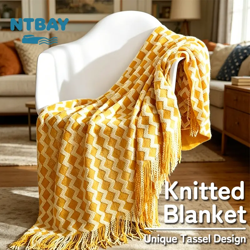 NTBAY Acrylic Knitted Throw Blanket, Lightweight and Soft Cozy Decorative Woven Blanket with Tassels for Travel, Couch, Bed, Sofa,