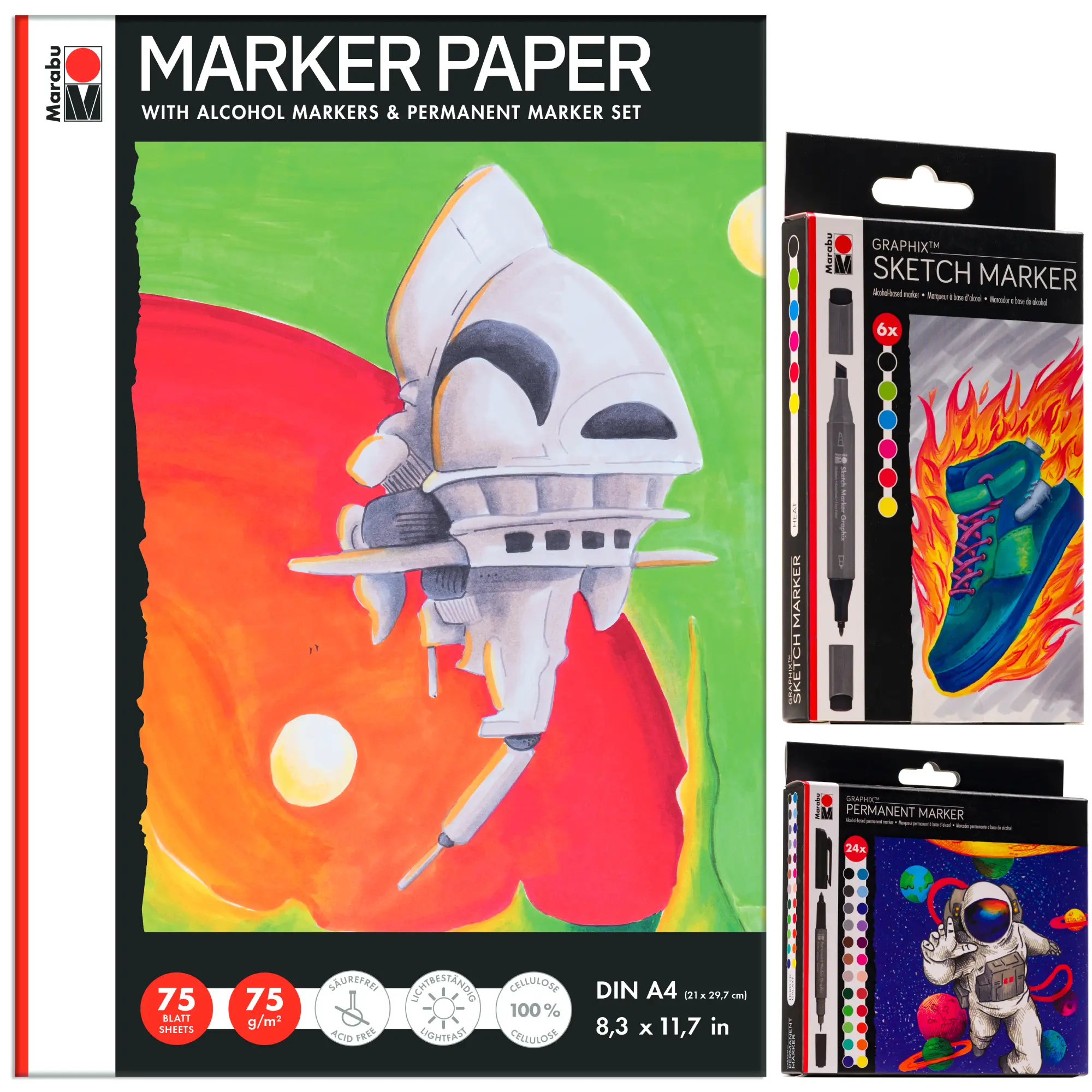 Marabu Marker Paper Sketchbook Set - 75 Sheet Marker Sketchbook, 24 Dual Tip Permanent Markers & Alcohol Marker Set