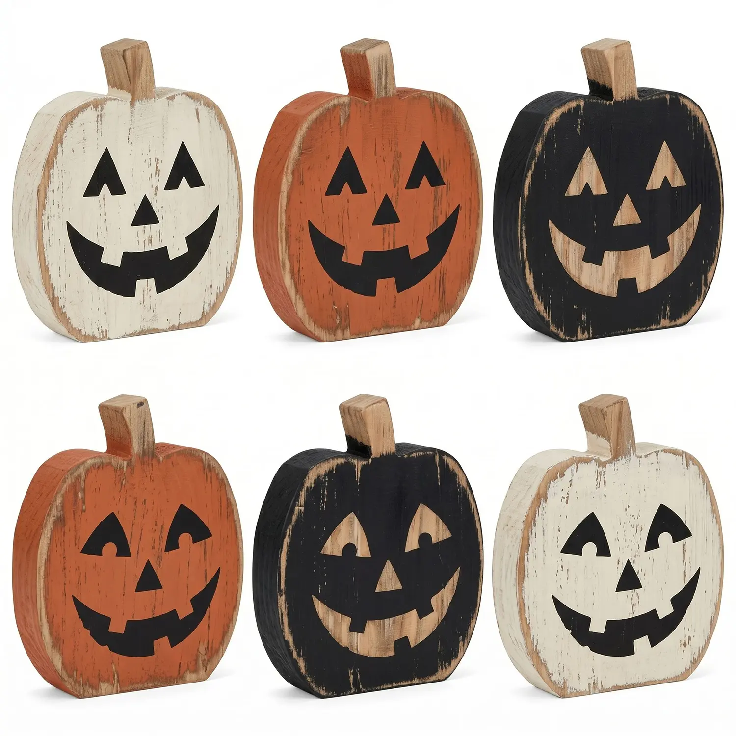Rustic Wooden Halloween Pumpkin Decor Set - Jack-O'-Lantern Tabletop Ornament - Classic Farmhouse Home Decor, Suitable for Dining Table