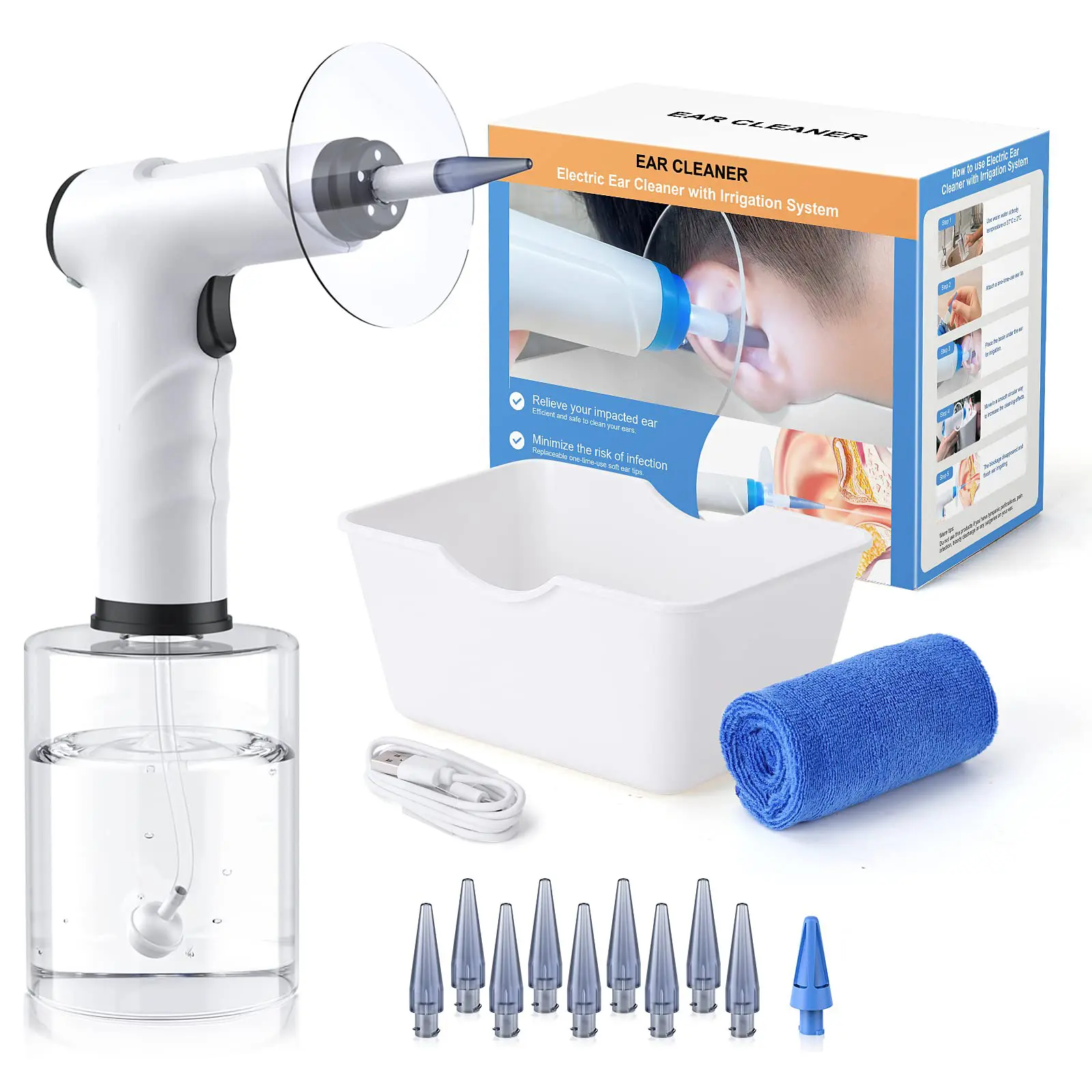 FathersDayGift Aspoven Rechargeable Ear Cleaning Kit – Electric Water Ear Cleaner with 4 Pressure Modes, IPX7 Waterproof, Gentle & Easy-to-Use Ear Care Device, Includes Basin, Towel & 10 Replacement Tips