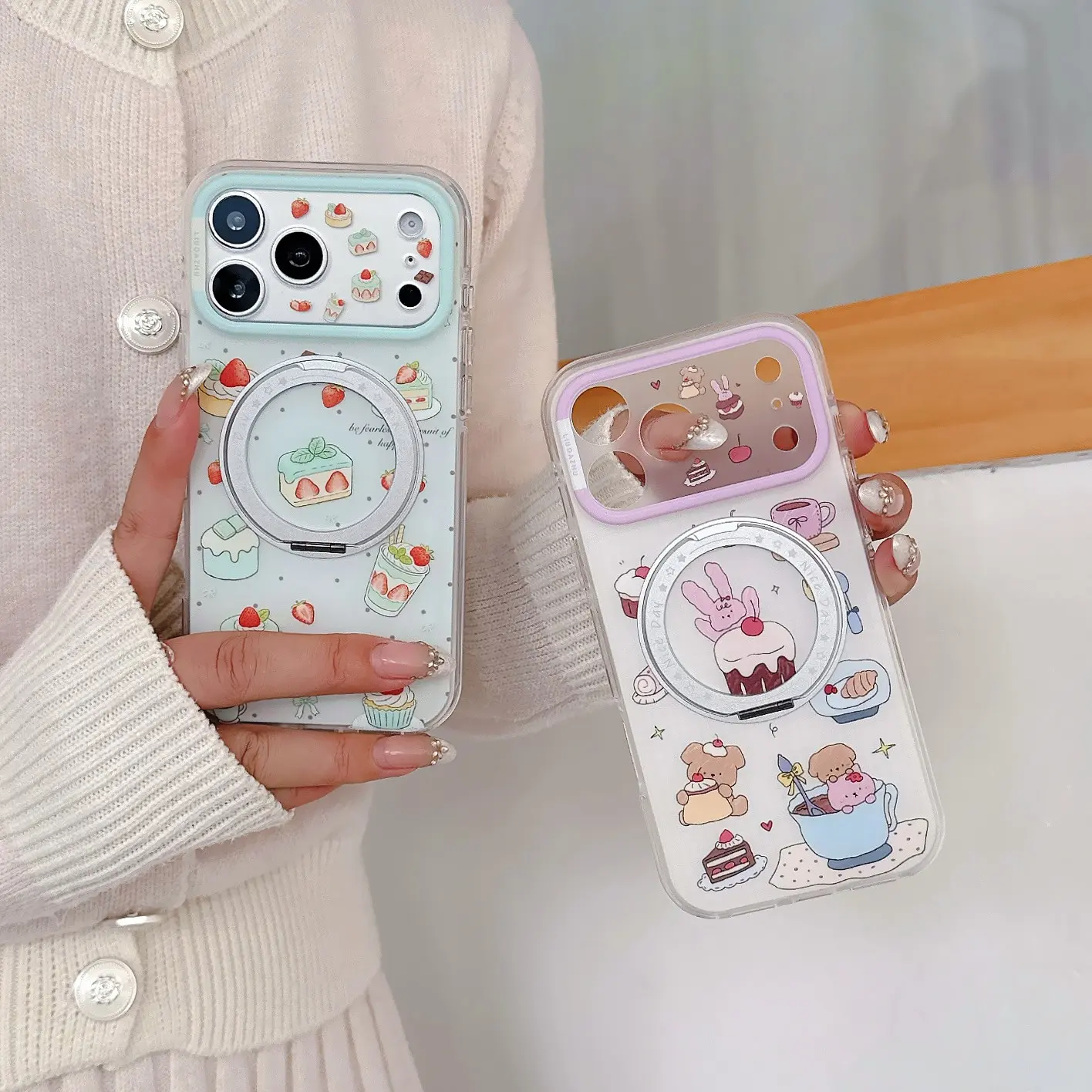 Cute Mint Strawberry Cake Rabbit Plastic Cellphone Casing for iPhone 15-18 Series Pro Max, Compact Thin Shockproof Protection Cover, Lightweight Anti-Drop Double-Layer IMD Handheld Accessory, 360-Degree Adjustable Stand Holder, Precise Full-Body Fit