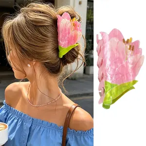 AWAYTR Spring Summer French Hair Claw Clips Cute Pink Tulip Hair Clips No-Slip Acrylic Jaw Clip Floral Shark Barrettes Elegant Hair Accessories for Women Wedding Birthday Party Hairstyles Decor