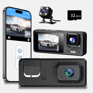 3 Channel Dash Cam Front and Rear Inside, Bulit a 32GB Card, Dash Camera for Cars,2.0'' IPS Screen Dashcam with G-Sensor, IR Night Vision, WDR, Loop Recording, 24H Parking Mode