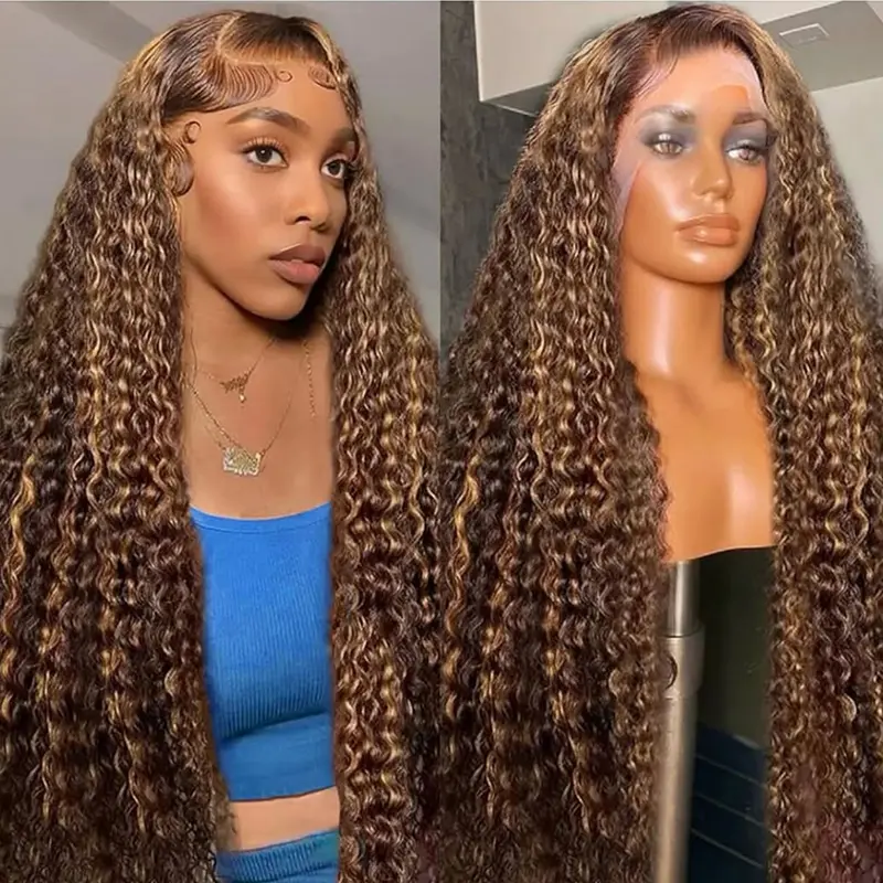 AMZHAIR Highlight Ombre Lace Front Wig Human Hair Honey Blonde 4/27 Kinky Curly 13x6 HD Lace Frontal Wigs Glueless Wigs Human Hair Lace Front 13x4 Highlight Ombre Curly Lace Front Human Hair Wigs Colored Kinky Curly Glueless Lace Wigs For Women