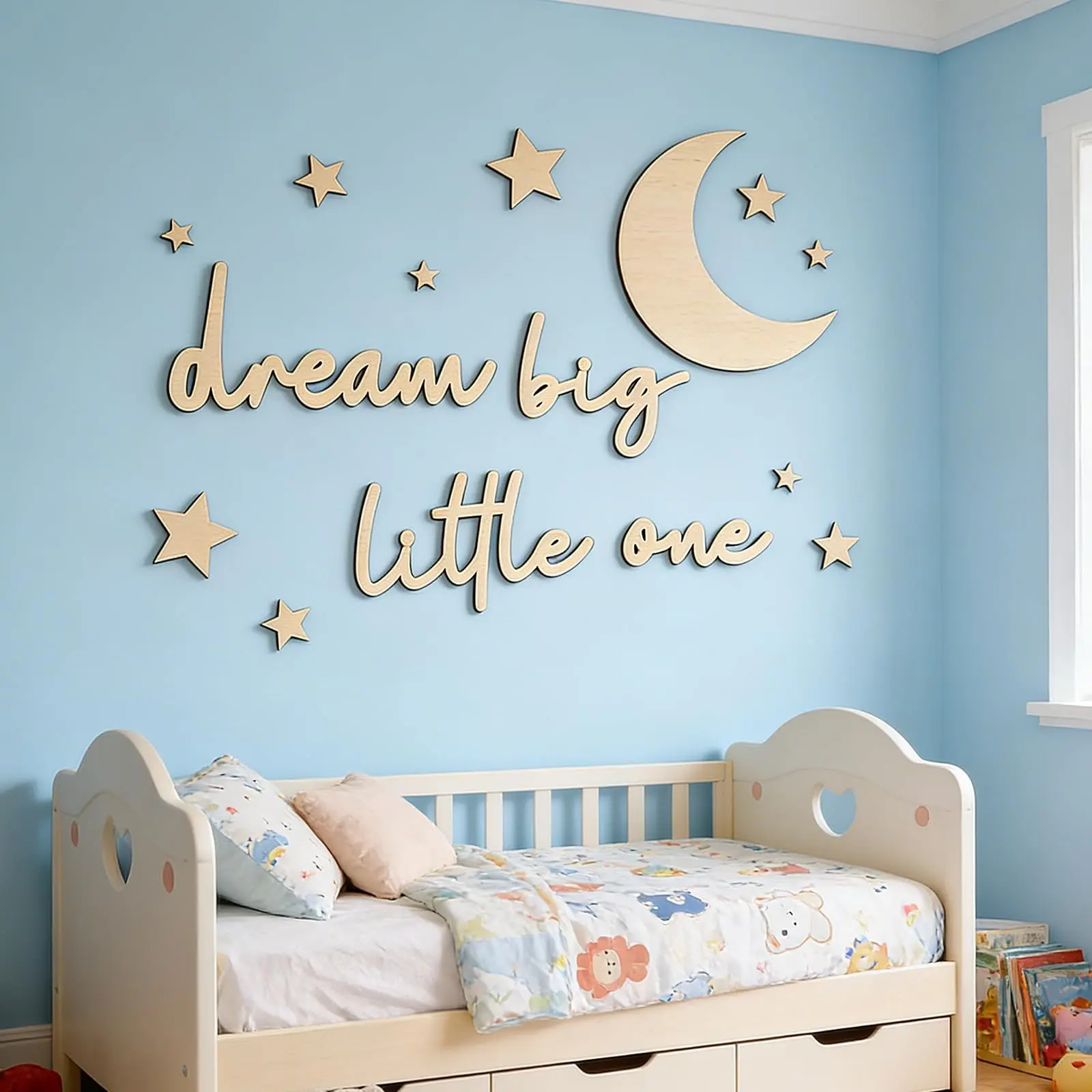 Wooden Wall Decor Set Decorative Stickers Home Decor Bedroom Decorations Decoration Items Dream Big Little One Moon Star Background Hanging Pieces for Kids Room Baby Room, Childrens Bedroom Accessories