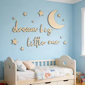 Wooden Wall Decor Set Decorative Stickers Home Decor Bedroom Decorations Dream Big Little One Moon Star Background Hanging Pieces for Kids Room Baby Room, Childrens Bedroom Accessories