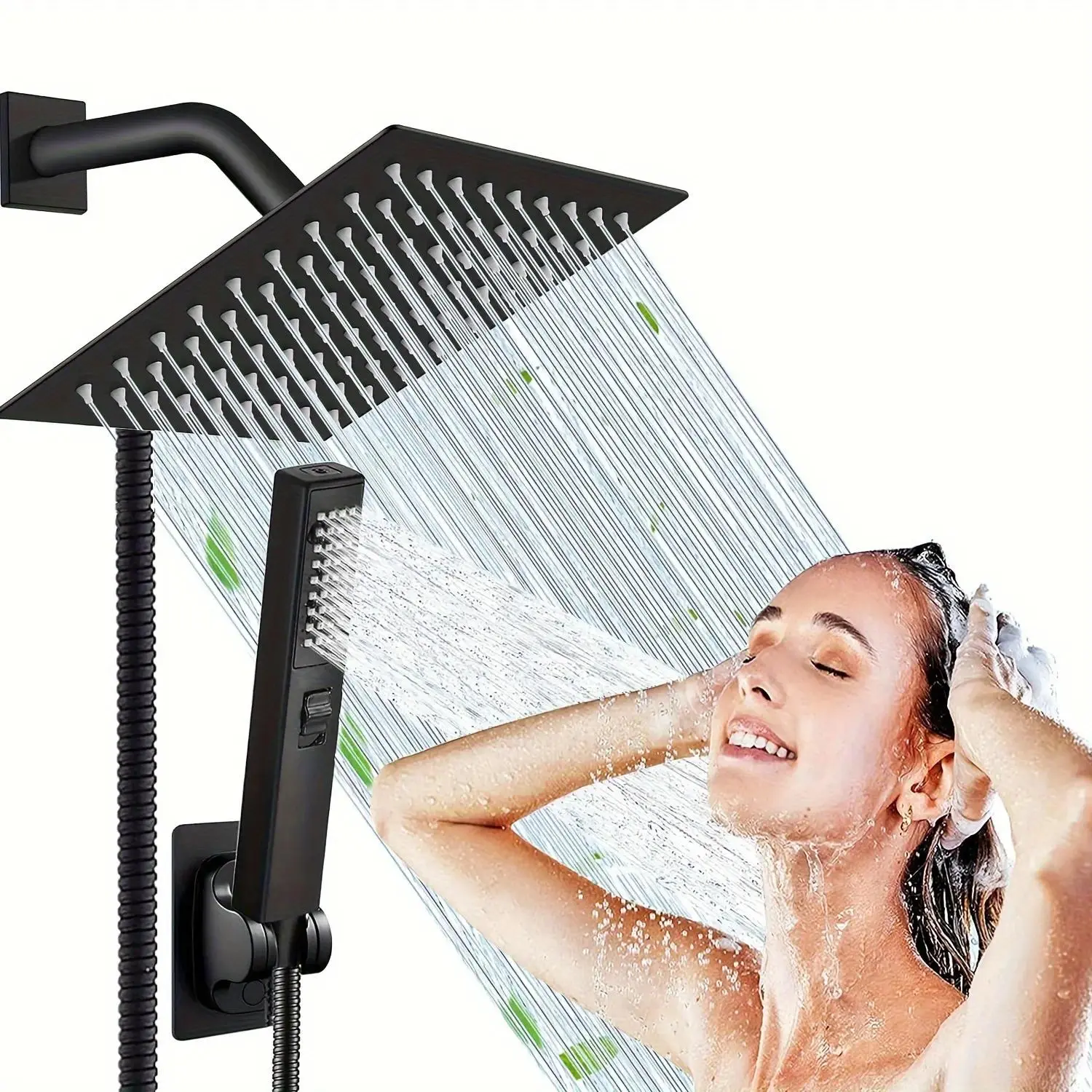 6/8"High Pressure Square RainShower Head and 2-in-1 HandShower.Equipped with 78"Hose, 3Way Diverter Valve,Adhesive ShowerHead Holder new shower Rainfall Water Flow Stainless Steel Installation,Summervibes