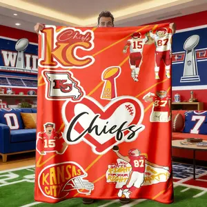 Kansas City Chiefs Heart Patchwork Flannel Blanket, Soft Lightweight Warm, Bedroom Holiday Decor, All Seasons, Bed Sofa Office Camping Travel Gift, Throw Blanket