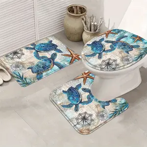 4-Piece Turtle Set, Polyester Marine Life Bathroom Decor - Sea Star Blue-Green Seaweed Coral Shower Curtain (1-Piece Option), 12 Hooks, Floor Mat & Accessories