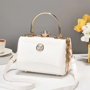 Elegant Women's Box Handbag with Rhinestone Detail – Glossy, Adjustable Shoulder Strap, Golden-Tone Hardware & Clear Accent, Perfect for Evening or Formal Occasions