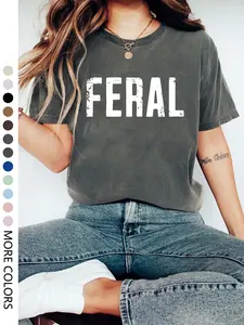 Women's FERAL Graphic Round Neck Knit Fabric Breathable Thin T-Shirt, Casual Loose-Fitting Summer Top for Daily Everyday Outdoor Wear, Stylish Printed Tee for Holidays, Clothes
