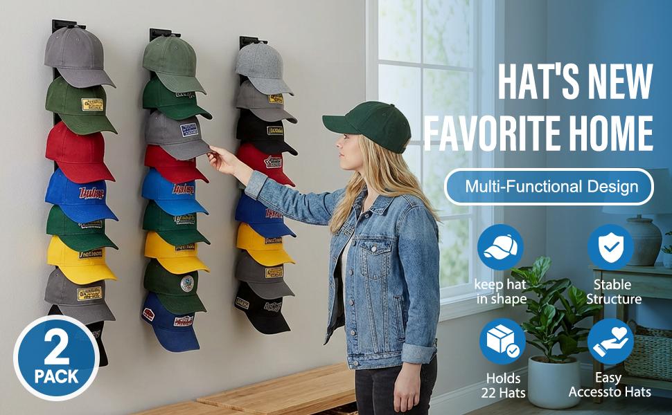 Hat Organizer Wall Mounted Multi-Level Baseball Cap Rack Adhesive Mount Stable Structure for Closet Door Bedroom Office Dormitory Easy Access Display Hanging Space 90% Saving