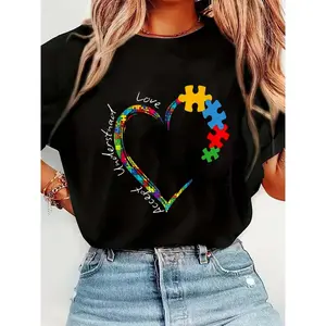 100% Cotton Accept Love Understand Autism Support Funny Autism Awareness T-Shirt Women's Men's Streetwear Graphic Tee Black Crew Neck Vacation Tops