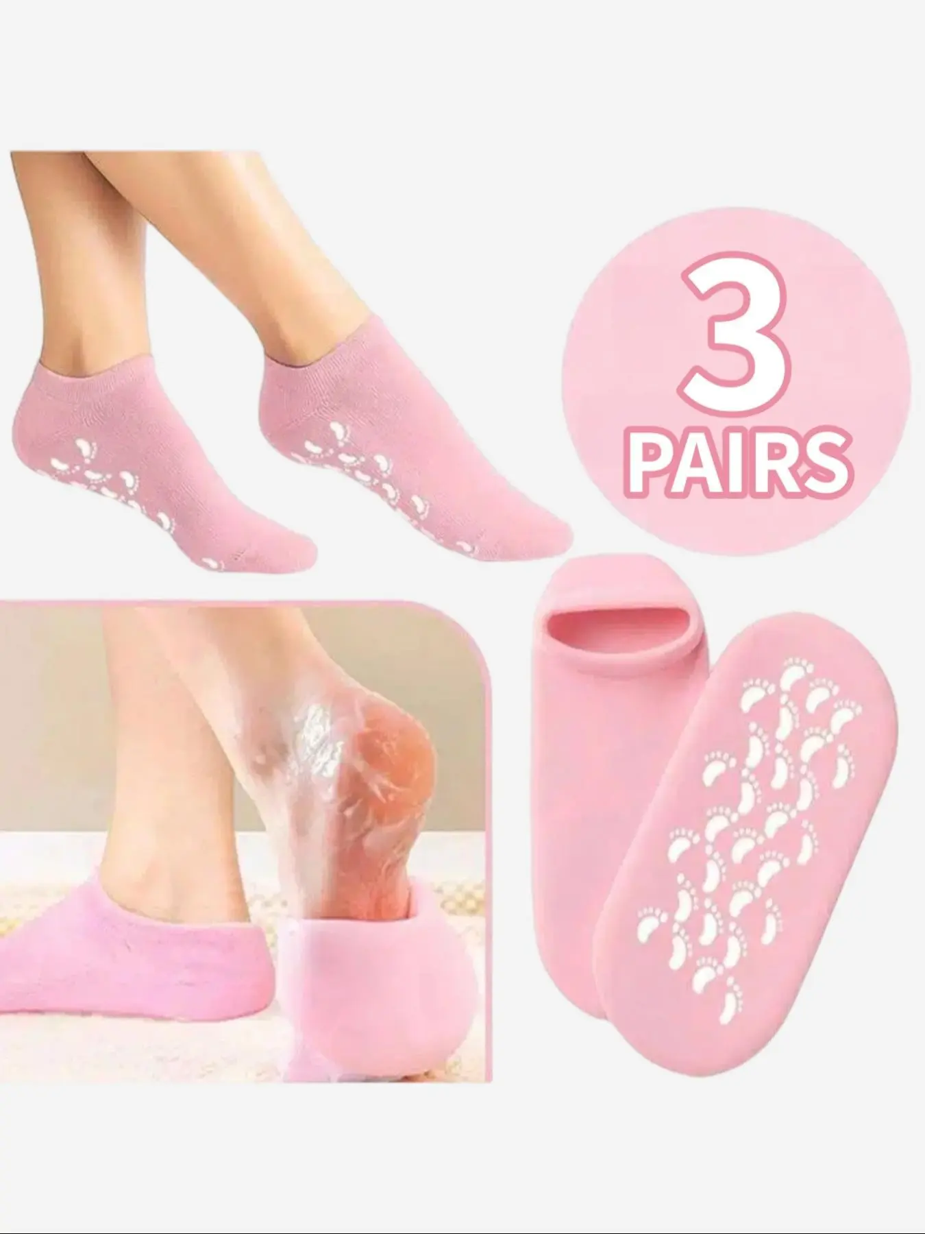 3 Pairs Pack of Moisturizing Gel Socks Gentle hydrating foot moisturizer spa treatment and foot care socks Ideal for dry, cracked heels and calluses Gel spa socks for restorative care