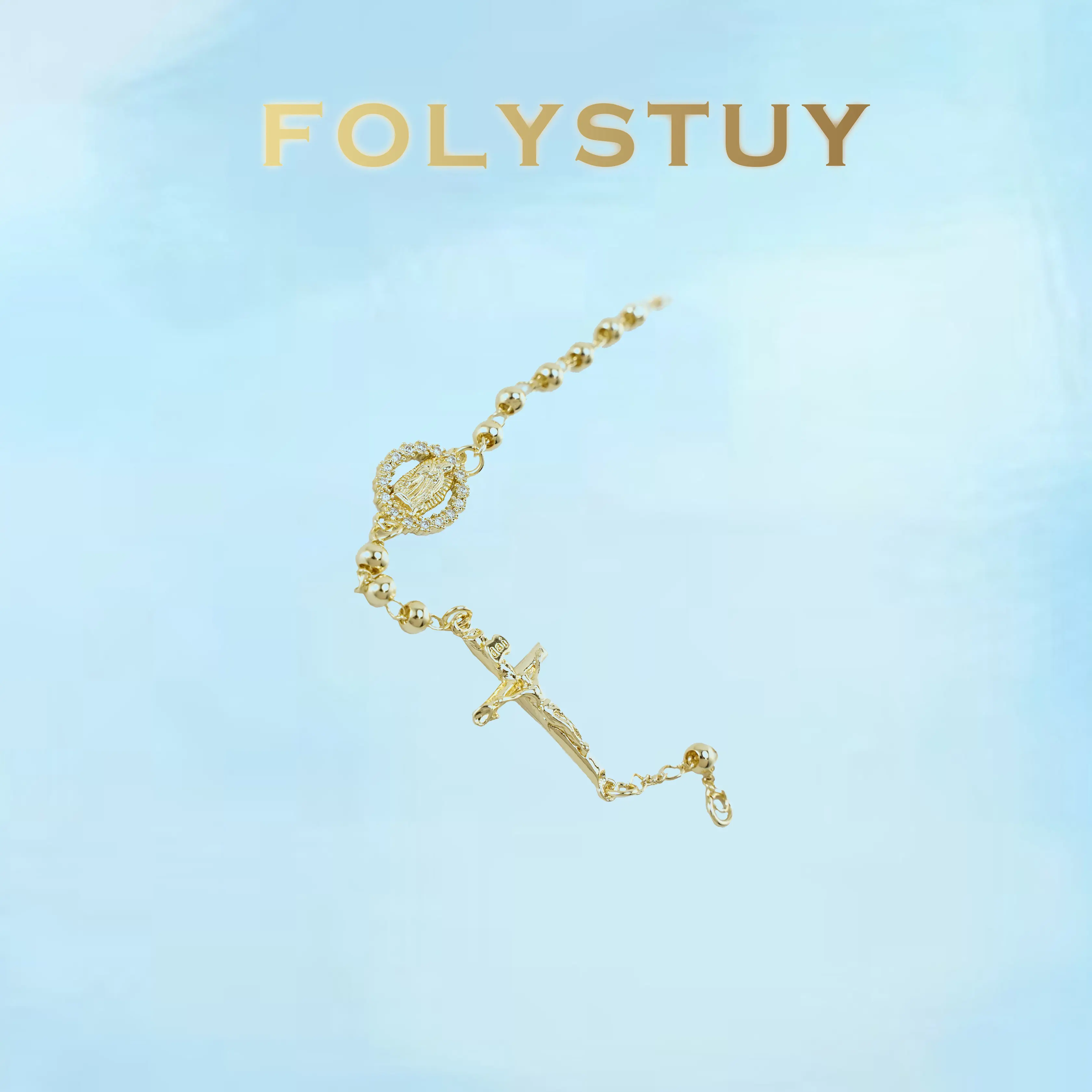 Length: 7.68 inches; Width: 4mm [FOLYSTUY (W175)]Religious Rosary Link Bracelet with Cross & Stone Accent, Faith Inspired Wrist Accessory