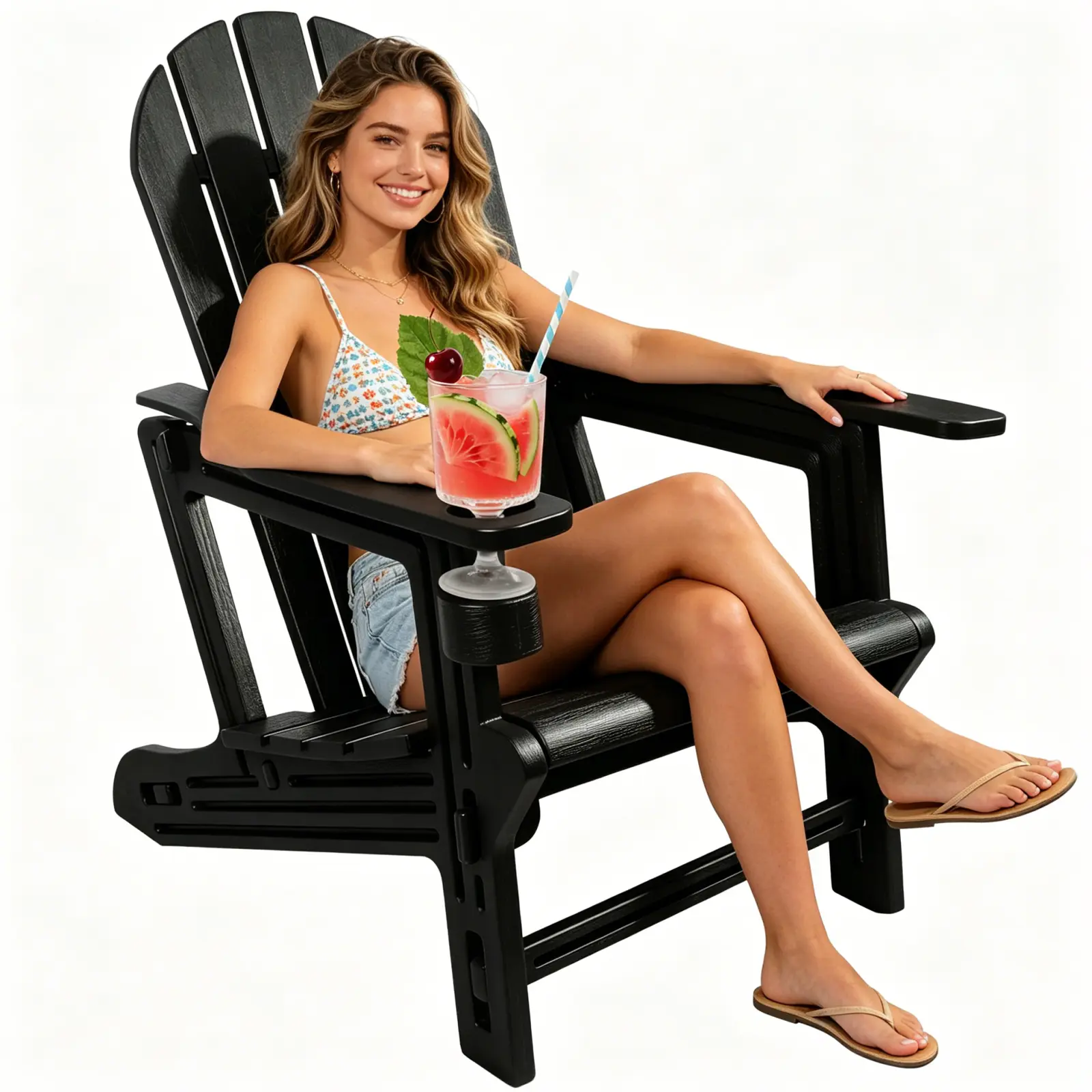 Adirondack Chair with Cup Holder - Black Color, Comfortable Design, Perfect for Outdoor Use, Ideal for Relaxing and Enjoying Drinks