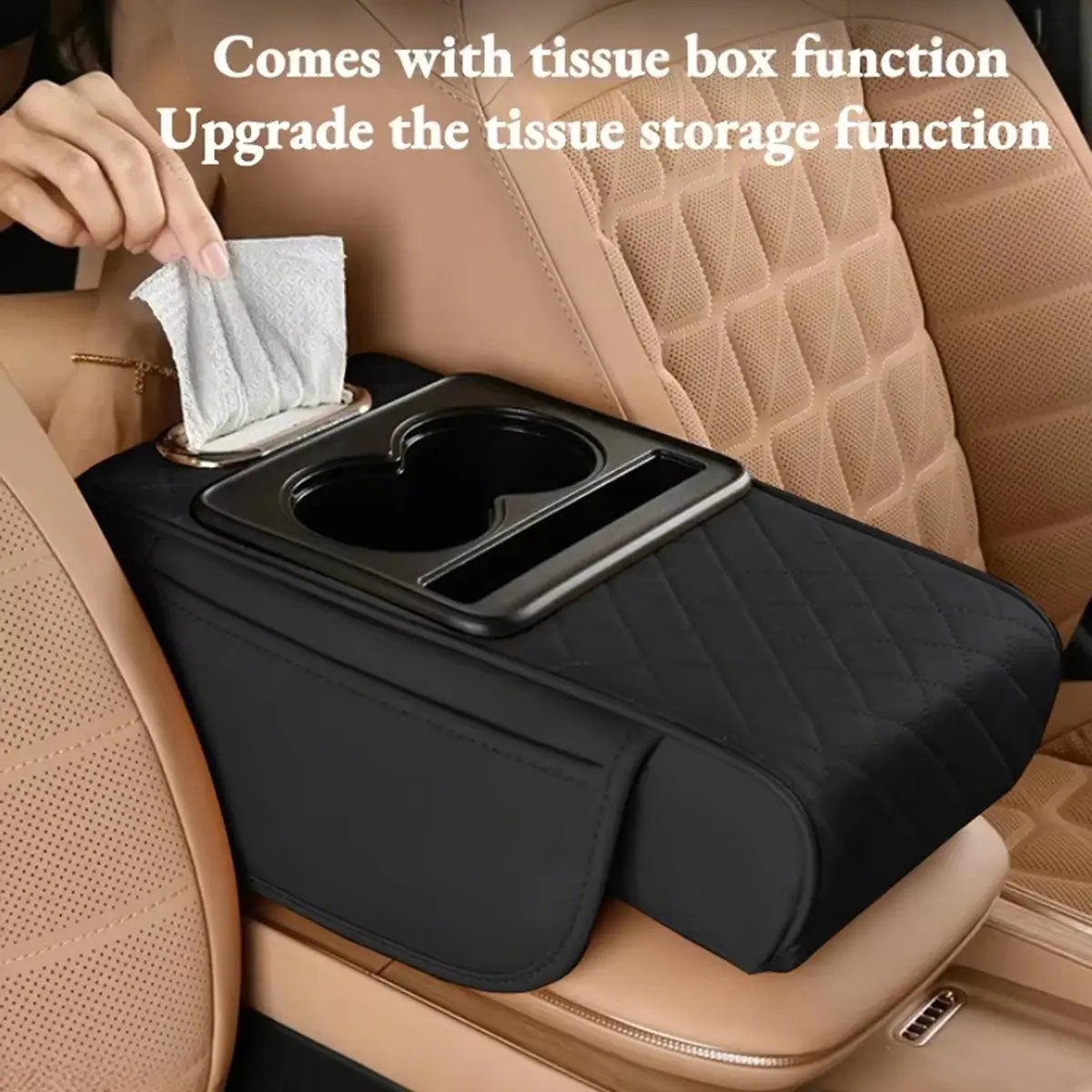 4-in-1 Car Tissue Box Organizer Armrest Pad with 2 Cup Holders and Height Riser, Car Armrest Cushion for Storing Tissues, Phones and Water Bottles, Car Interior Organizers, Car Organizers and Storage, Car Organization Accessories