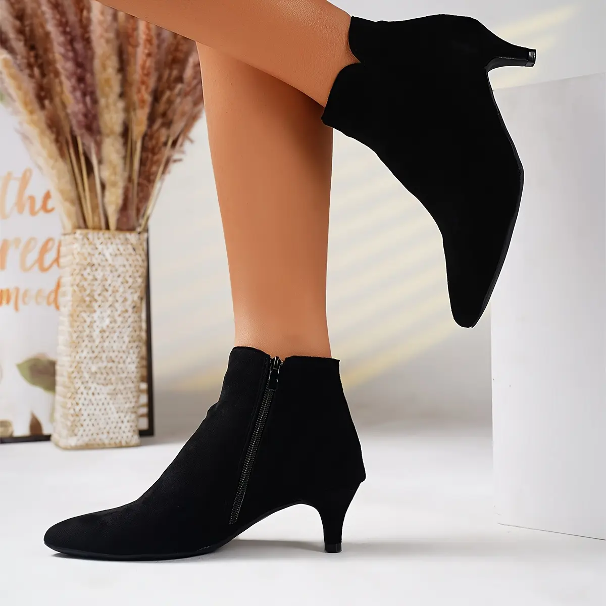 Chic Women's Ankle Booties with Side Zipper - Plush Lined, Pointed Toe Kitten Heels Comfort & Style, Perfect All Seasons, Women Shoes