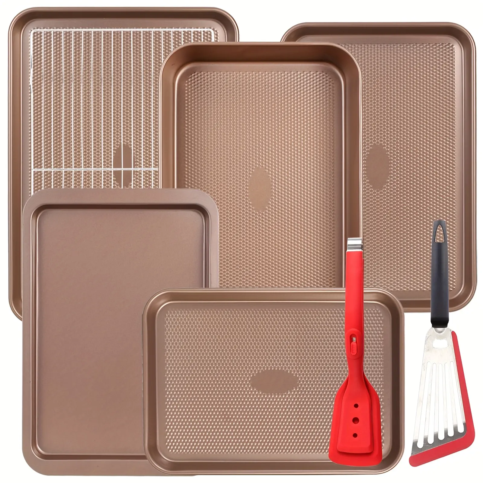 8-Piece Food Grade Bakeware Set - Kitchenware, Diamond Texture, Gold Finish, Deep Pans, Muffin Tin Ready, Rack for Even Bakes, Easy Nonstick Lift, Stackable Space Saver for Home Holiday Baking Supplies