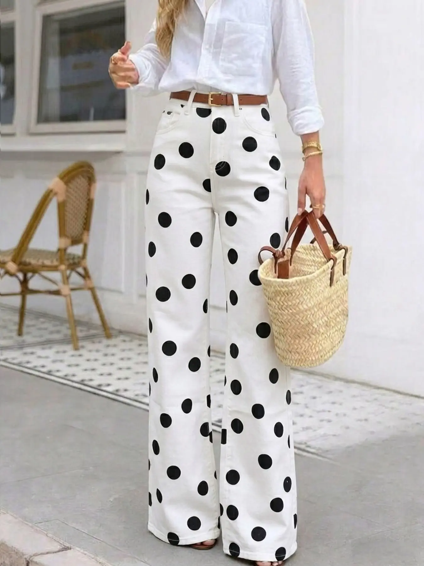 Women's Stretch Polka Dot Jeans, Wide Leg Pants, Casual Fitted Style, All Seasons Wear, Plain Pattern, Comfortable & Stylish