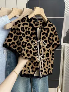 Bohemian casual vacation style loose round neck contrast leopard print short sleeve knit top, front tie design, contrast piping, khaki, women's spring summer casual top, Womenswear, Boho Casual Top