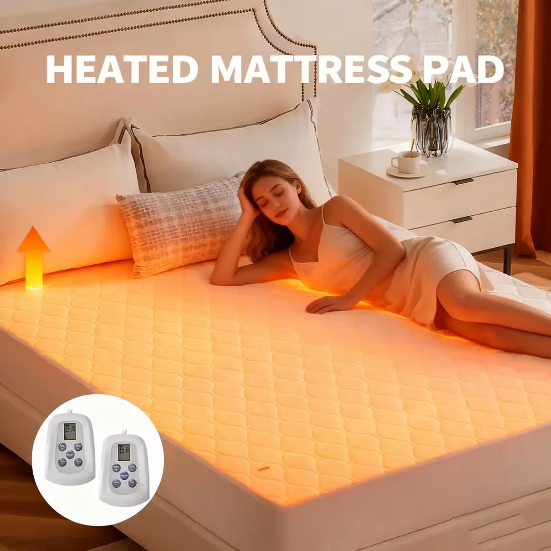 Fitted Mattress Pad - King Size 80x78in Polyester Quilted Texture Mattress Topper/Protector, Dual Controllers, 12 Heat Settings, 12-Hour Auto Shut-Off, ETL Certified, Soft Fabric for Shared Bed, Dual Controllers, Shared Bed