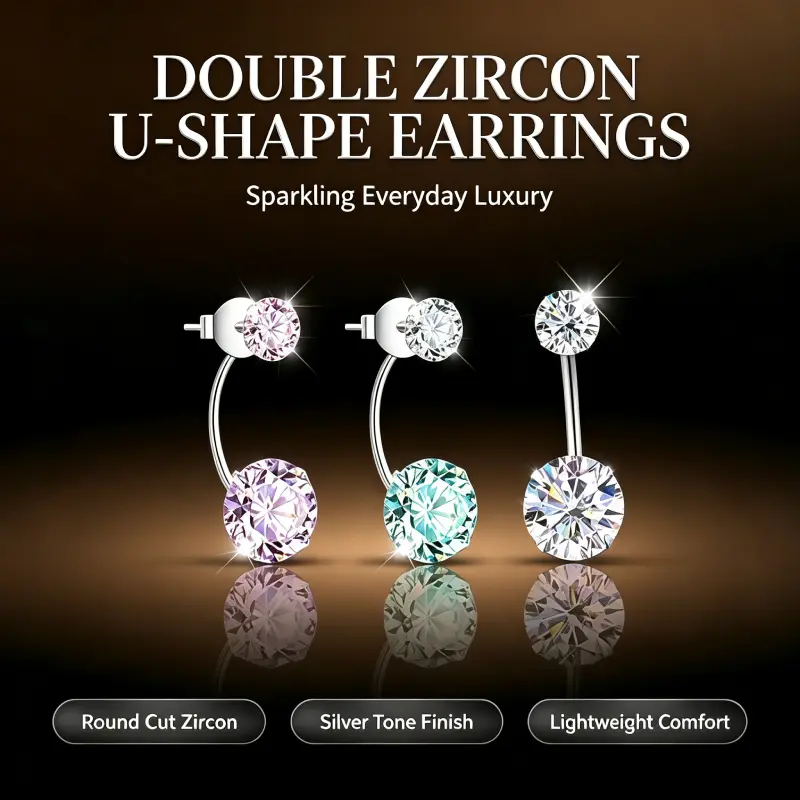 Sparkling Double Round Cubic Zirconia U Shape Wrap Stud Earrings Minimalist Dangle Drop Fashion Jewelry For Women Girls Party Daily Wear
