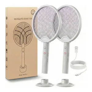 2-in-1 Foldable Electric Fly Swatter, Portable Bug Zapper Racket & Mosquito Trap with Purple Attractant Light, Instant Kill for Gnats, Mosquitoes & Flies, USB Rechargeable with Standing Base & Cable, 3-Layer Safety Mesh for Indoor, Home, Camping