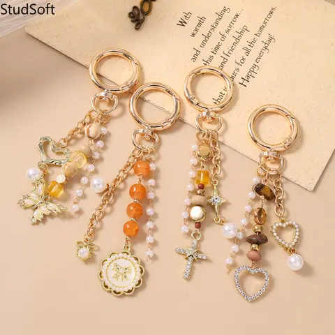 Beaded Wristband Keychain for Women, Funky Purse & Bag Charm with Butterfly, Heart, Cross, and Disc Pendants, Funky Unique Accessories, Cross Heart Disc, Multi-Pendant, Love, Whimsy, Charmful