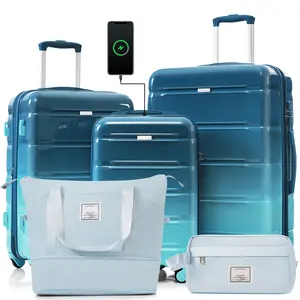 Luggage set of 5 pieces, 20 inches, with USB port, ABS durable luggage compartment, travel bag, ABS+PC hard shell luggage compartment, with rotating wheels, perfect size for boarding the case, high appearance and durability