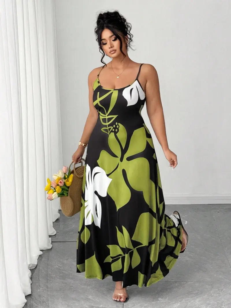 knee length dresses for ladies Green Floral Plus Size Long Maxi Dress Polyester Boho Kaftan for Women main image 0