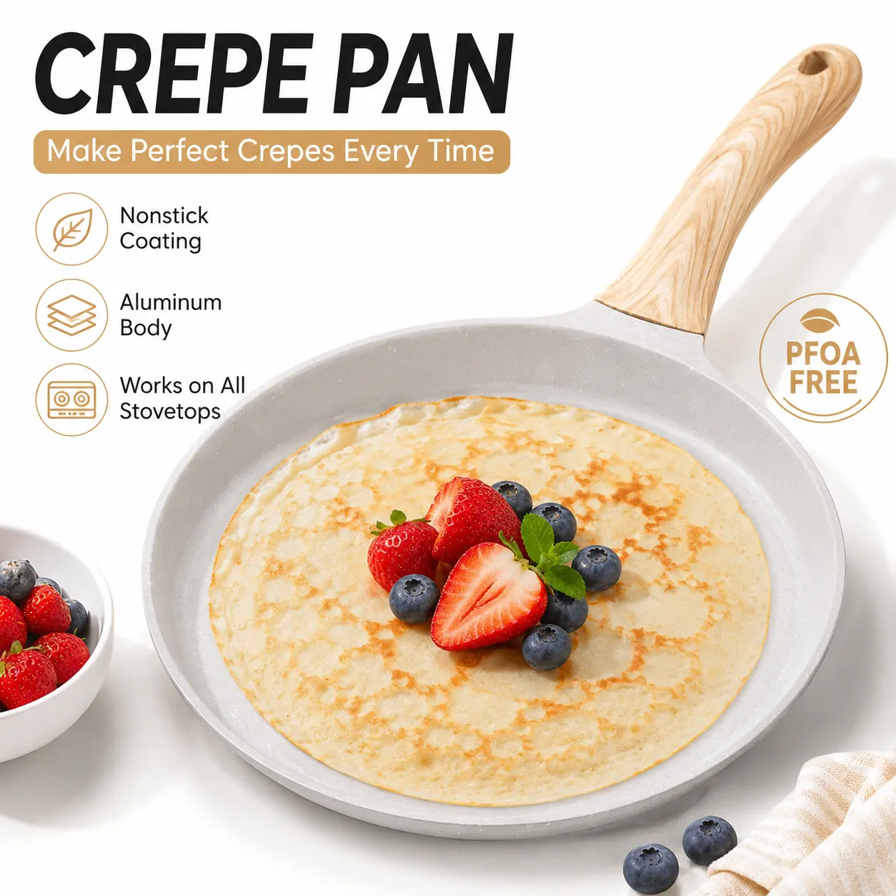 Multifunctional Round PFOA-Free Ceramic Crepe & Omelette Pan with Handle, Batter Spreader, Nonstick Surface for Induction, Gas & Electric Stovetops (White) - Ideal for Housewarming Gifts