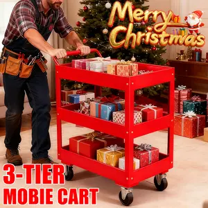 Utility Cart on Wheels, 330lbs Load Capacity 3-Tier Tool Cart, Rolling Metal Service Cart with Screwdriver Hanging Board & Storage Box, for Mechanic Work Garage Warehouse, Red and Blue