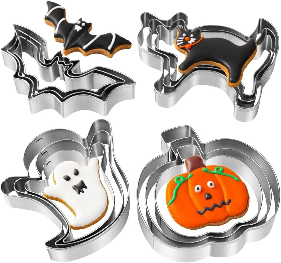 12-Piece Halloween Cookie Cutters Set, Stainless Steel Pumpkin, Ghost, Bat & Cat Cookie Cutter Shapes for Halloween Party Baking, Cookies, Treats & Decorations