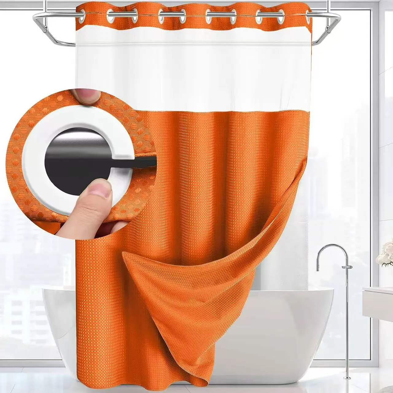 Premium Fabric Shower Curtain Single Set, 72" (W) x 75" (H) Straight Waffle Weave - No-Hook, Washable, Heavy-Duty Double Layer with Snap-In Detachable Waterproof Liner & Mesh Window - Modern Bathroom Accessory for Bathrooms/Camps