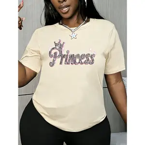 100% cotton women's short-sleeve top Prinss with crown and sparkling diamond princess-style text print, round neck, machine washable, comfortable, soft, breathable, suitable for spring, summer, and autumn, versatile women's top