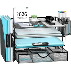 Mesh Desk Organizer, 4 Trays Letter Tray Paper Organizer with File Holder, Desk File Organizer with 1 Extra Drawer & 2 Pen Holders, Paper Sorter with Handle for Office