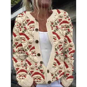 Women’s Festive Santa Claus Cardigan – Beige with Red & Green Embroidered Design, Long-Sleeve Button-Up Sweater for Autumn & Winter, Durable Casual Holiday Outerwear, Christmas Cardigan
