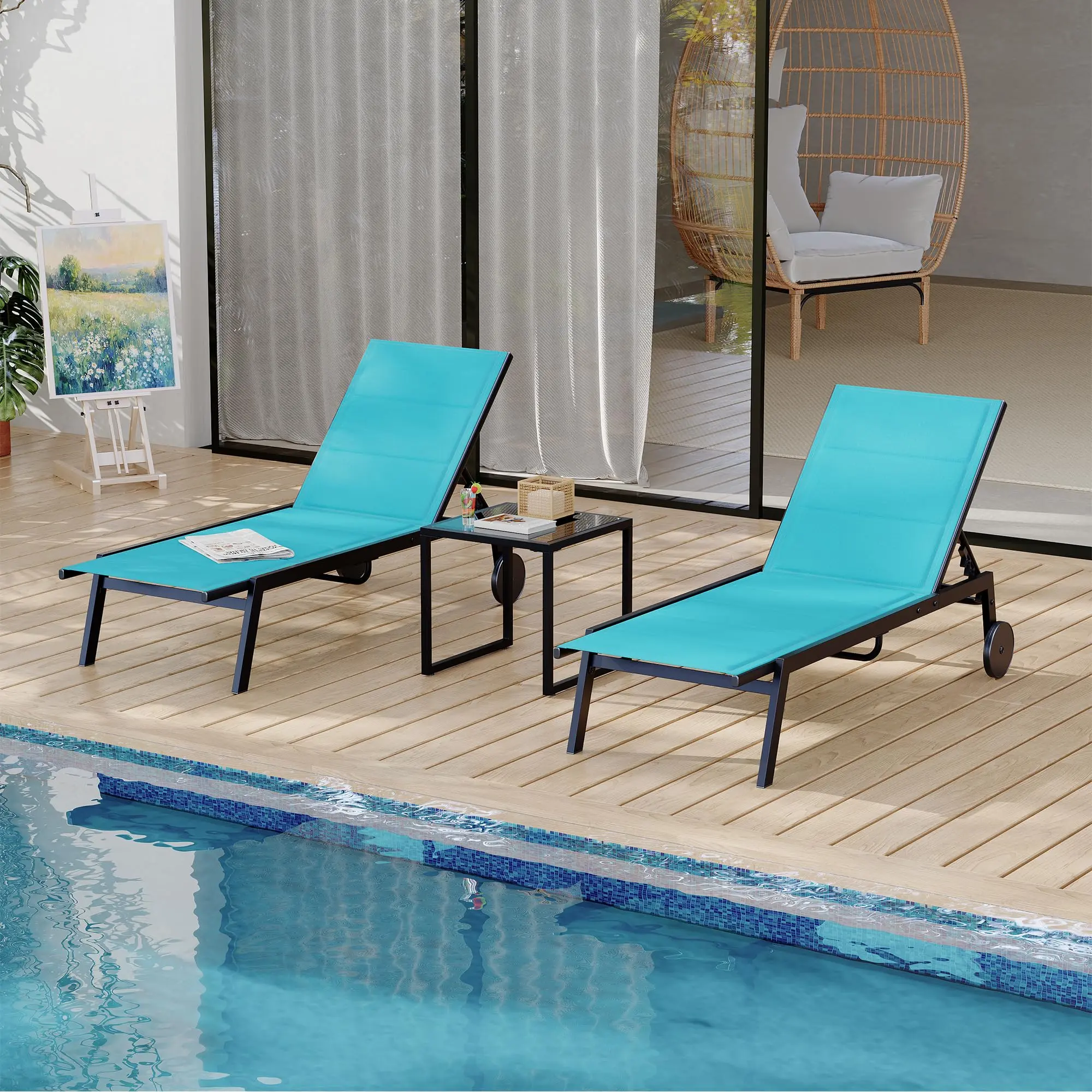 【GARVEE】3-Piece Patio Chaise Lounge Set with Adjustable Backrest, Side Table, and Wheels - Ideal for Poolside and Outdoor Relaxation